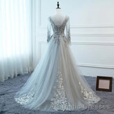 Grey Long Sleeves V Neckline Tulle Evening Prom Dresses, A Line Floor Length Party Dresses